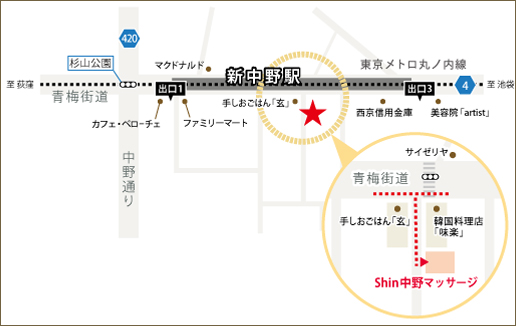 新中野駅からShin中野マッサージまでの地図